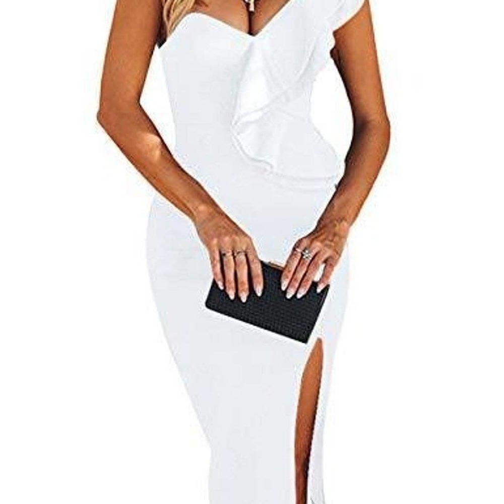 Women's White One Shoulder Formal Dress with Side Slit
